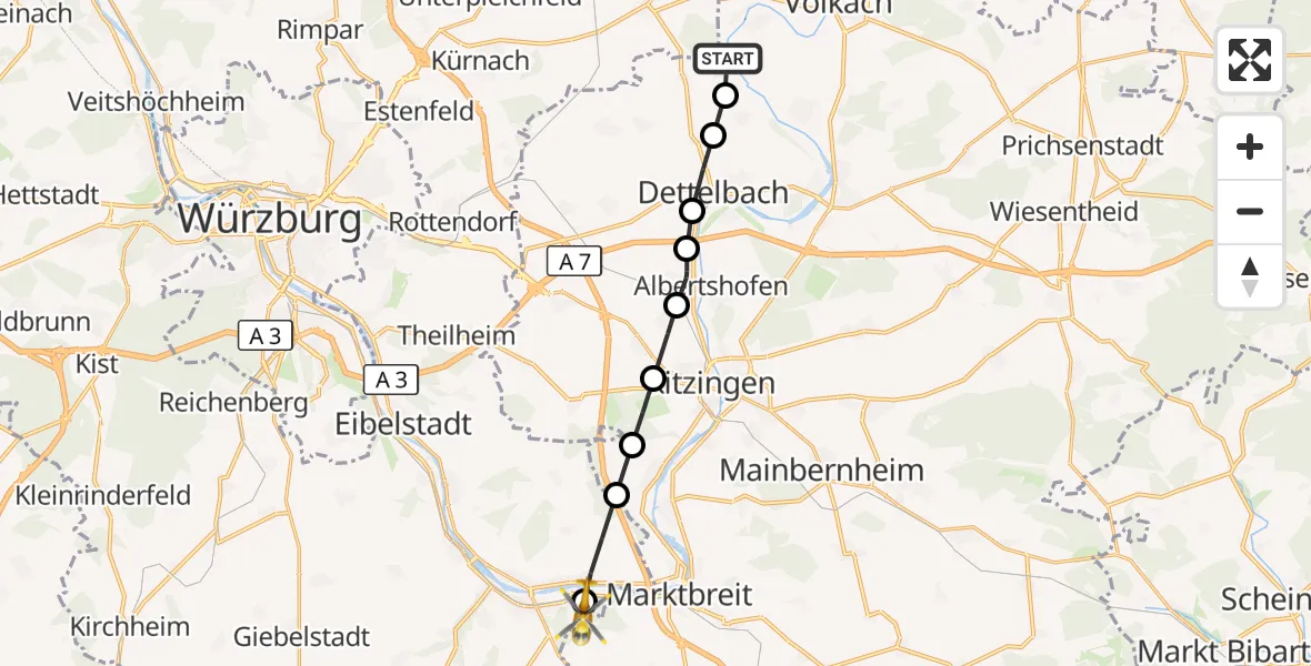 Flugroute Rettungshubschrauber Köhler - Ochsenfurt, 22 März 2026, 09:30