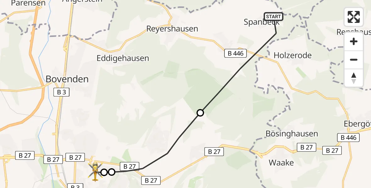 Flugroute Rettungshubschrauber Bovenden - Göttingen University Clinic Hubschrauberlandeplatz, 22 März 2026, 09:30