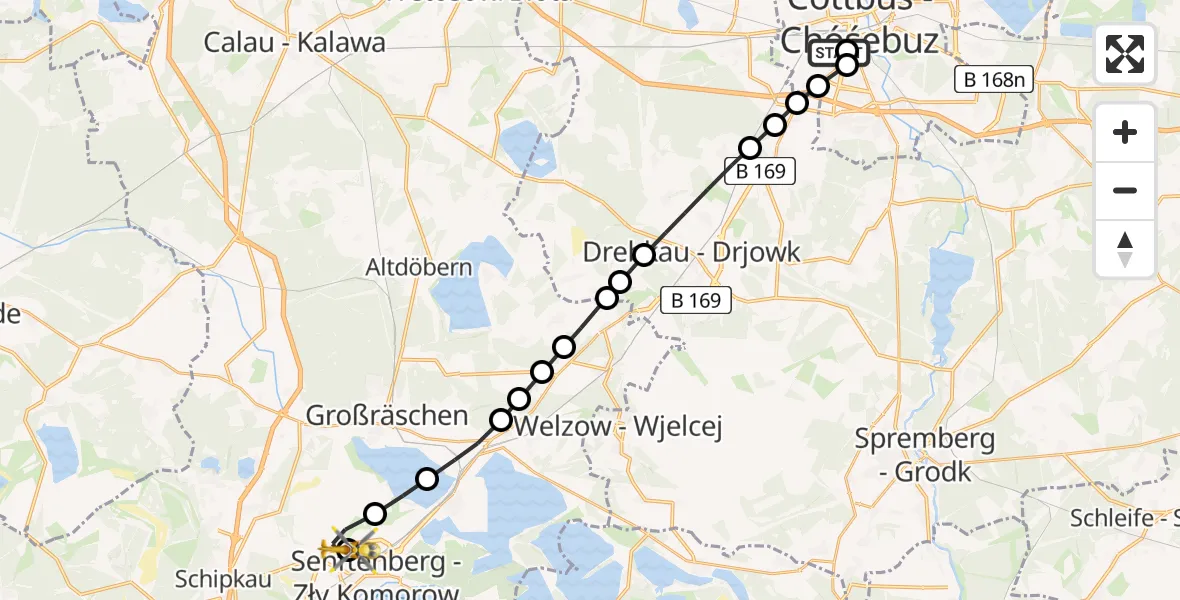 Flugroute Ambulanzhubschrauber Carl Thien Hospital Cottbus - ADAC Luftrettungsstation Senftenberg Hubschrauberlandeplatz, 22 März 2026, 09:31