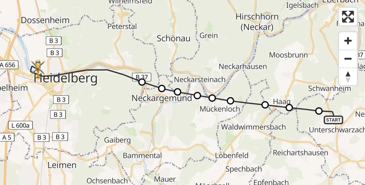 Flugroute Rettungshubschrauber Unterschwarzach - Heidelberg, 22 März 2026, 09:32