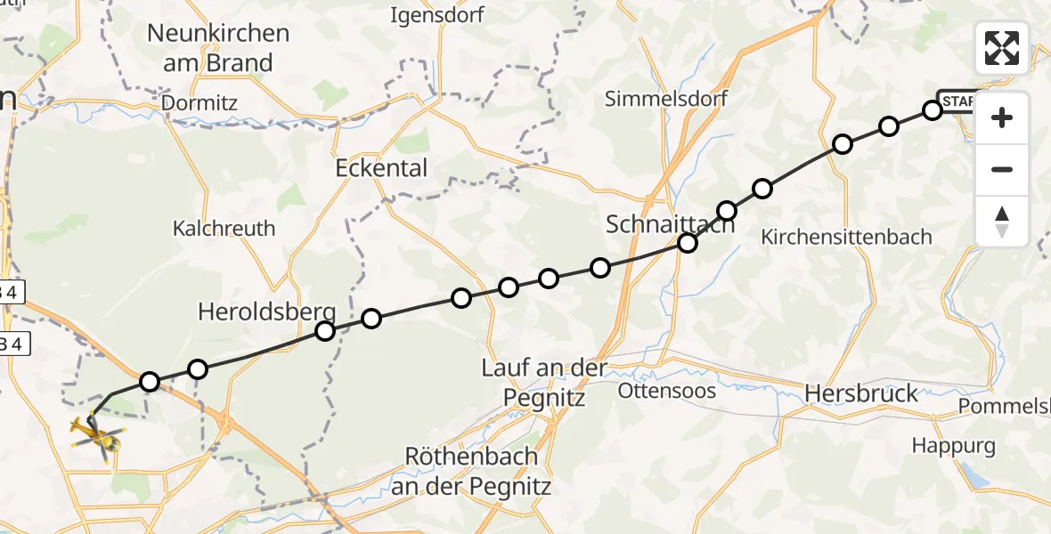 Flugroute Rettungshubschrauber Rupprechtstegen - Flughafen Nuremberg, 22 März 2026, 09:34
