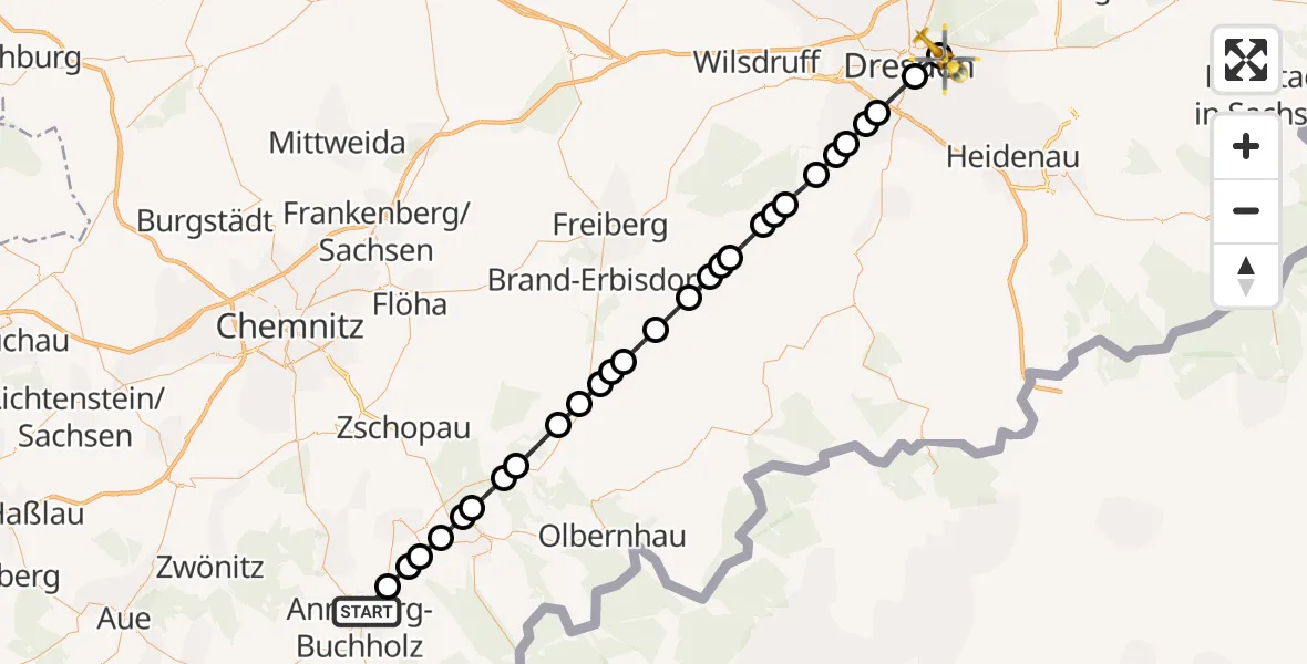 Flugroute Rettungshubschrauber Annaberg-Buchholz - Dresden University Hospital, 22 März 2026, 09:49