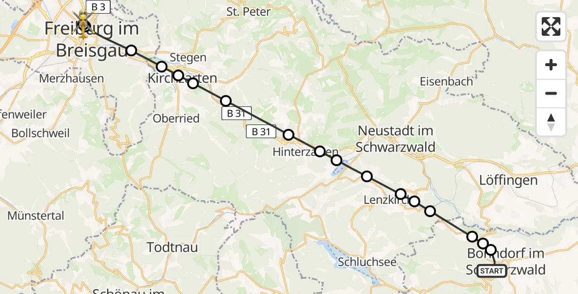 Routekaart van de vlucht: Ambulanzhubschrauber nach Freiburg University Hospital Heliport 1