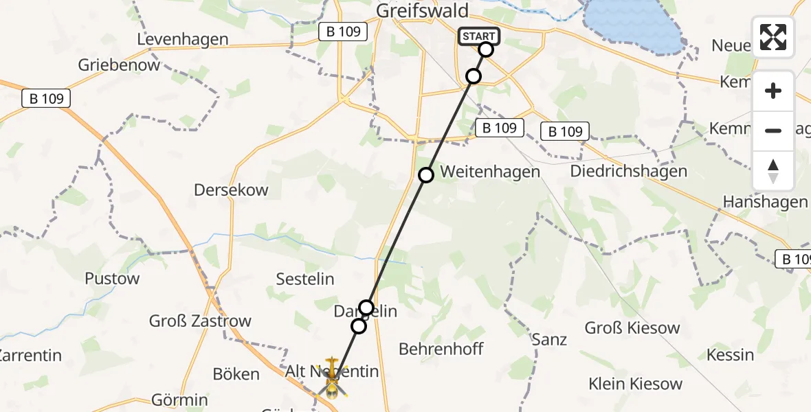 Flugroute Rettungshubschrauber Greifswald Hospital - Alt Negentin, 22 März 2026, 10:03