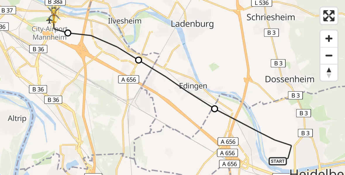 Flugroute Rettungshubschrauber Heidelberg - Mannheim-City Flughafen, 22 März 2026, 10:03