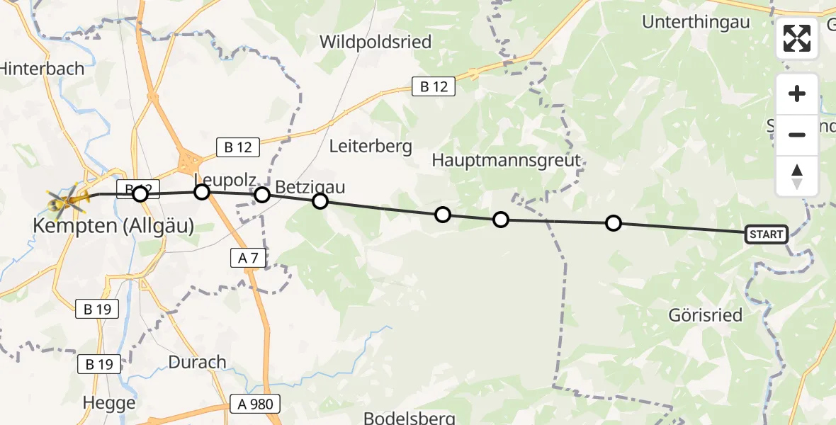 Routekaart van de vlucht: Rettungshubschrauber nach Kempten (Allgäu), Bischof-Freundorfer-Weg