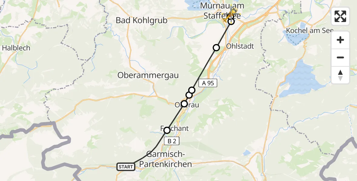 Routekaart van de vlucht: Rettungshubschrauber nach Murnau Accident Hospital