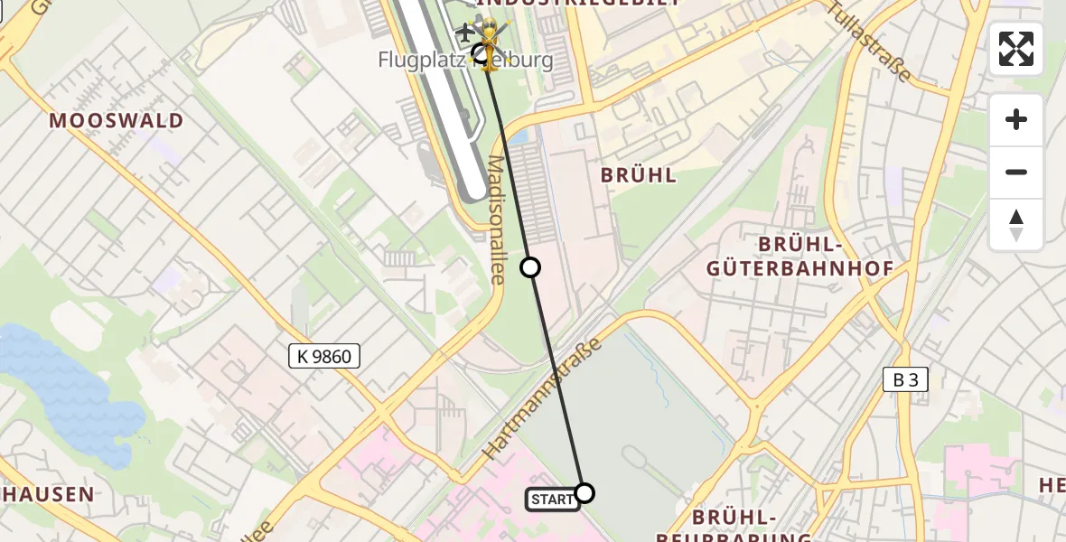 Routekaart van de vlucht: Ambulanzhubschrauber nach Freiburg im Breisgau Flugplatz