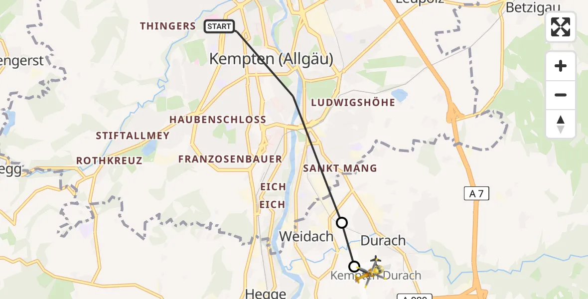 Routekaart van de vlucht: Rettungshubschrauber nach Kempten-Durach Flugplatz
