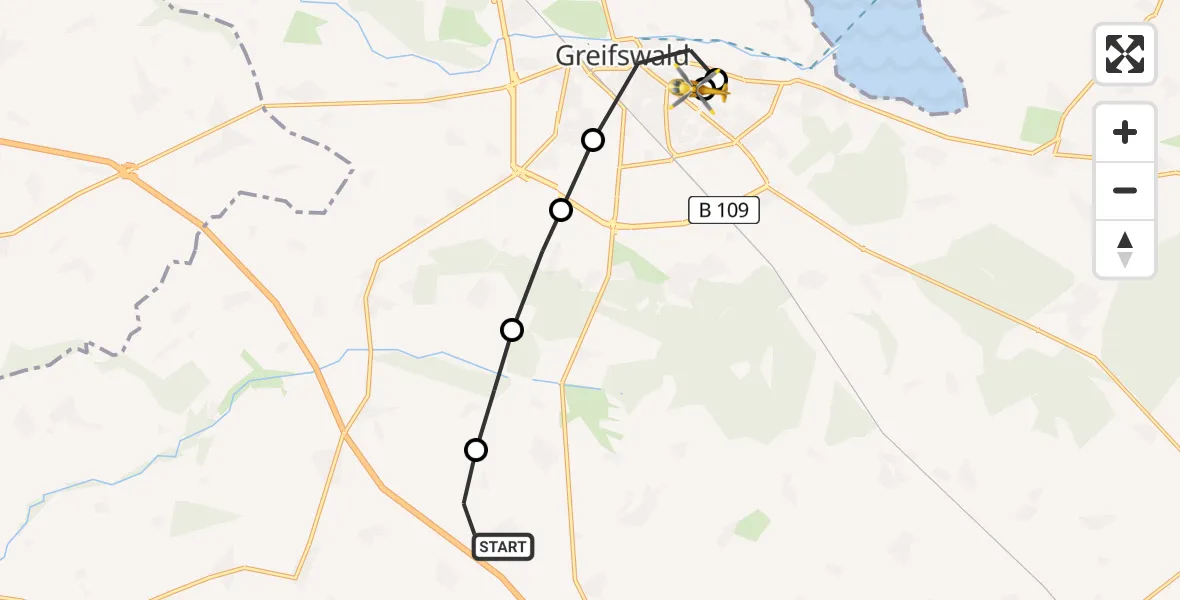 Flugroute Rettungshubschrauber Alt Negentin - Greifswald Hospital, 22 März 2026, 10:35