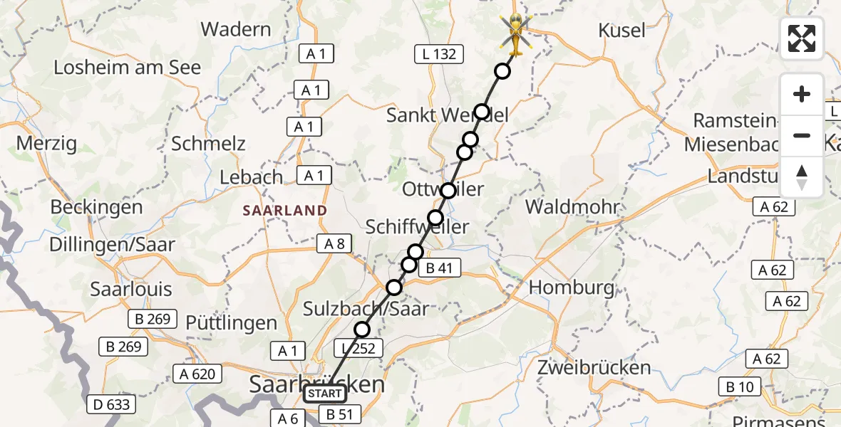Flugroute Rettungshubschrauber Saarbrücken - Freisen, 22 März 2026, 10:37