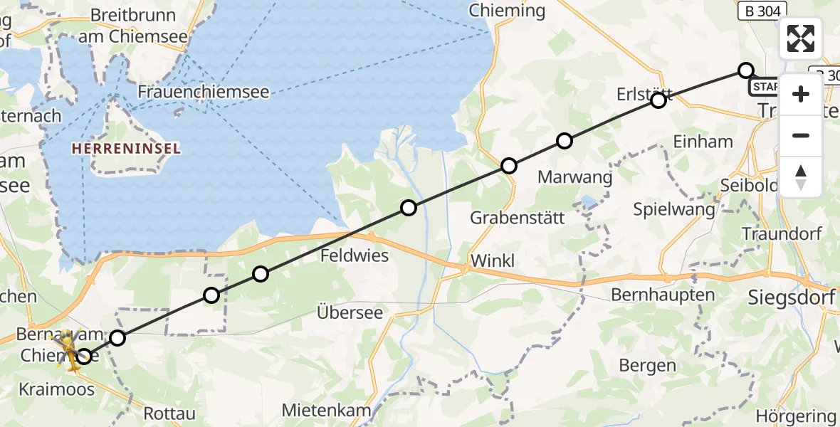 Flugroute Rettungshubschrauber Traunstein Hospital - Kraimoos, 22 März 2026, 10:40