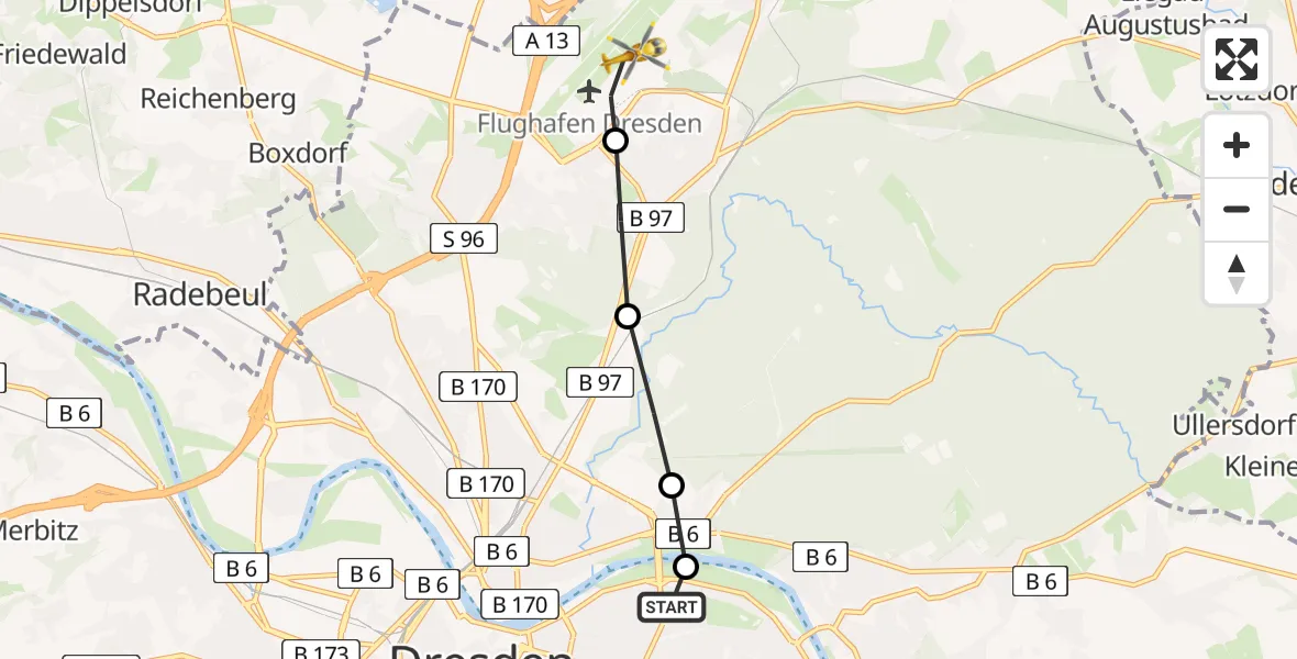 Routekaart van de vlucht: Rettungshubschrauber nach Dresden Bundespolizei Hubschrauberlandeplatz