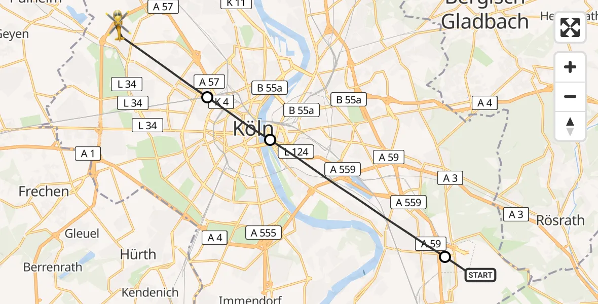 Flugroute Rettungshubschrauber Köln Bonn Flughafen - Ehrenfeld, 22 März 2026, 10:59