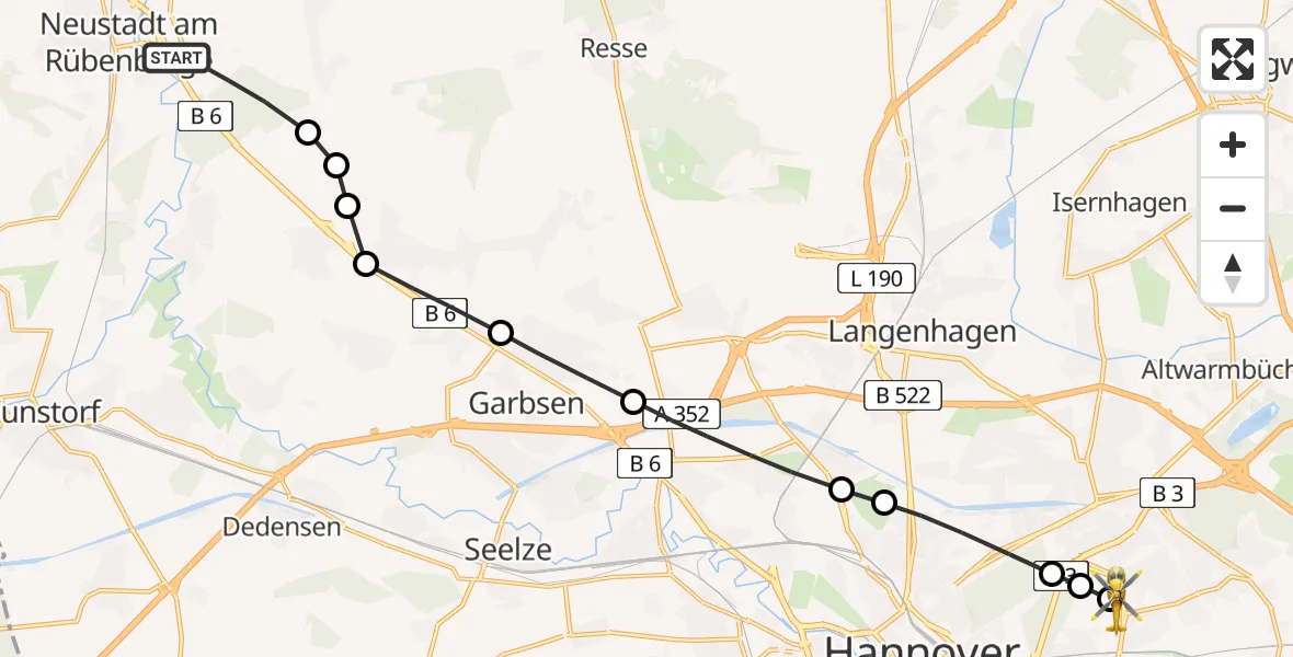 Flugroute Rettungshubschrauber Neustadt am Rübenberge - Hannover Luftrettung Hubschrauberlandeplatz (Christoph 4), 22 März 2026, 11:03