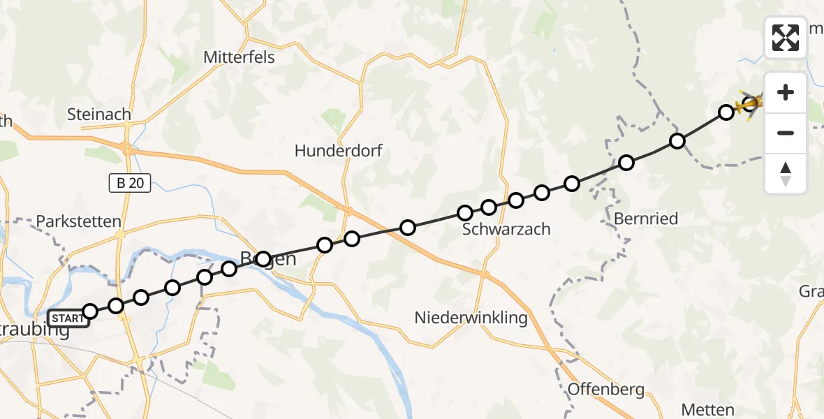 Flugroute Rettungshubschrauber Sankt Elisabeth Hospital Straubing - Weihmannsried, 22 März 2026, 11:04