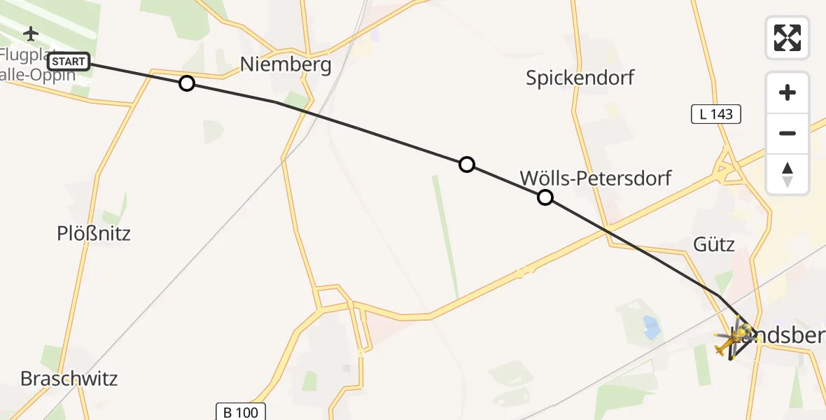 Flugroute Rettungshubschrauber Halle-Oppin Flugplatz - Landsberg, 22 März 2026, 11:07
