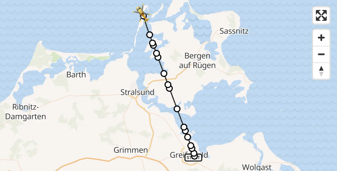 Flugroute Rettungshubschrauber Greifswald Hospital - Vitte, 22 März 2026, 11:09