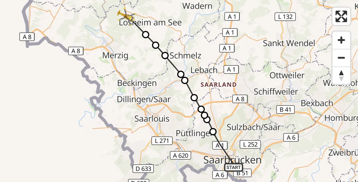 Flugroute Rettungshubschrauber Saarbrücken - Losheim am See, 22 März 2026, 11:26