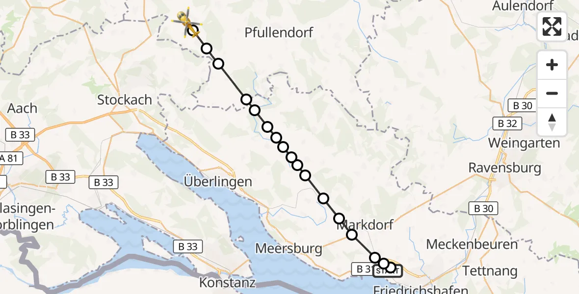 Flugroute Rettungshubschrauber Friedrichshafen Hospital - Rast, 22 März 2026, 11:33