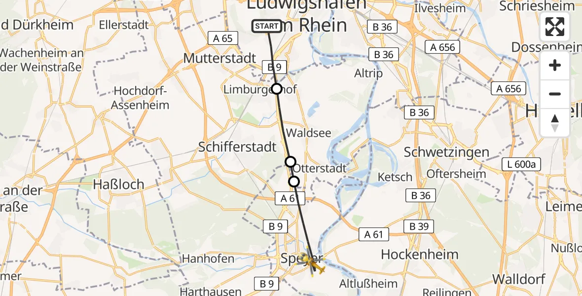 Flugroute Rettungshubschrauber Ludwigshafen am Rhein - Speyer, 22 März 2026, 11:37