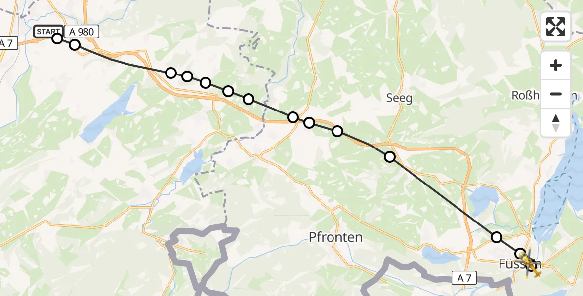 Flugroute Rettungshubschrauber Kempten-Durach Flugplatz - Füssen, 22 März 2026, 11:41
