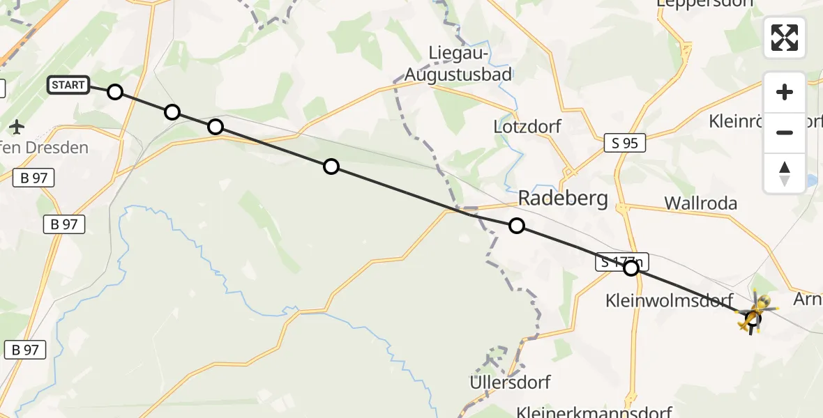 Flugroute Rettungshubschrauber Dresden Bundespolizei Hubschrauberlandeplatz - Arnsdorf, 22 März 2026, 11:43