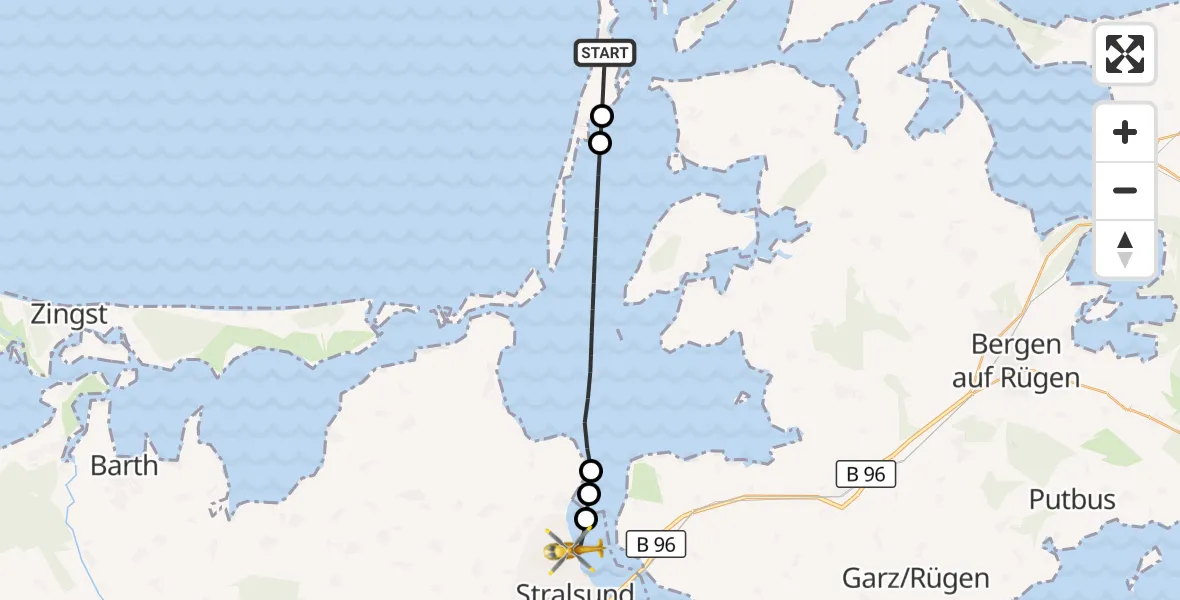 Flugroute Rettungshubschrauber Vitte - Stralsund, 22 März 2026, 11:47