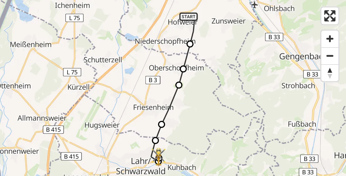 Flugroute Ambulanzhubschrauber Hofweier - Ortenau Hospital Lahr-Ettenheim, 22 März 2026, 11:57
