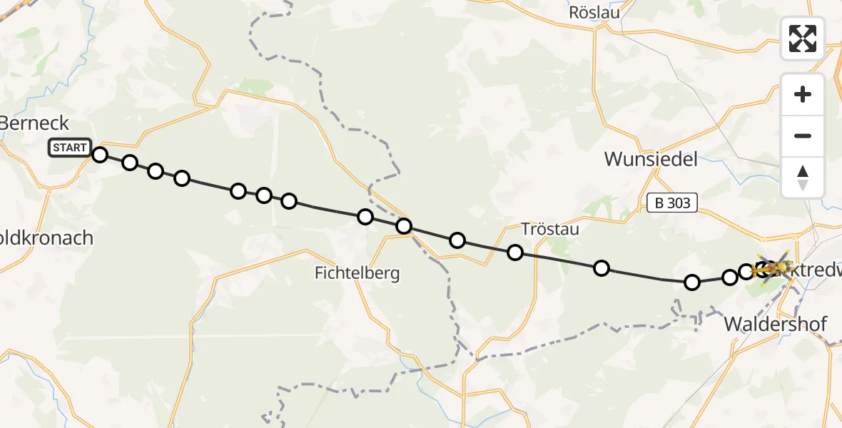 Flugroute Rettungshubschrauber Vorderröhrenhof - Fichtelgebirge Hospital Marktredwitz, 22 März 2026, 11:58