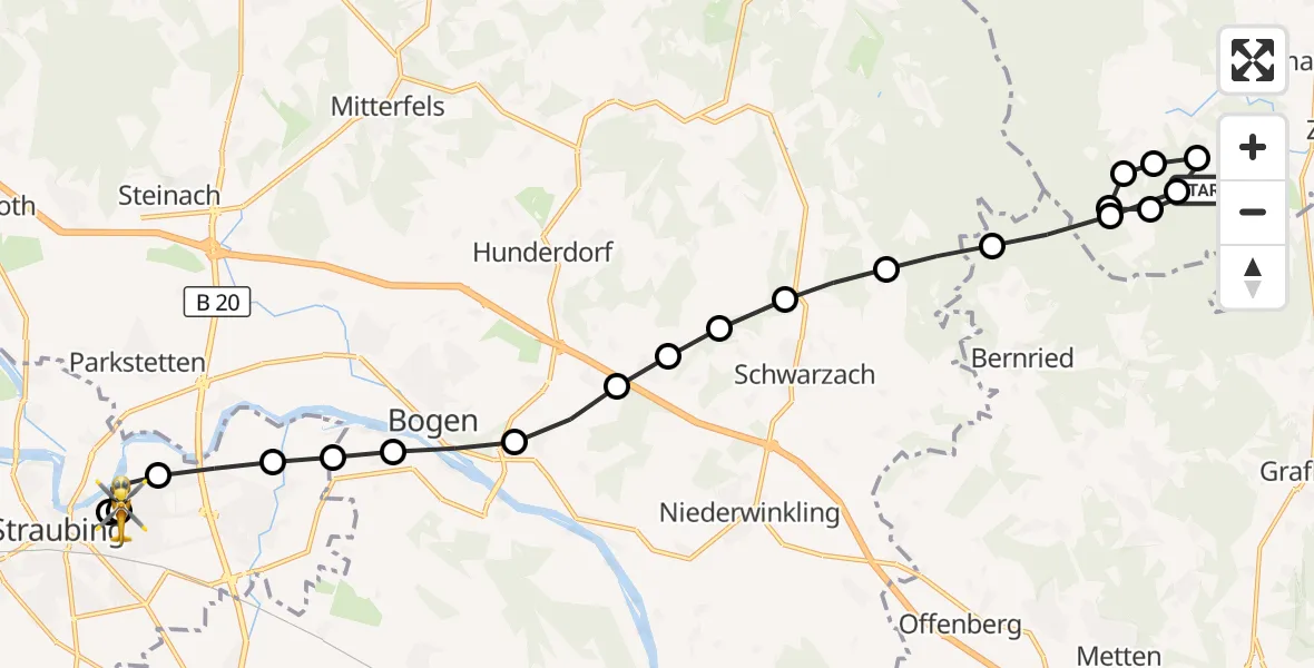 Flugroute Rettungshubschrauber Weihmannsried - Sankt Elisabeth Hospital Straubing, 22 März 2026, 12:03