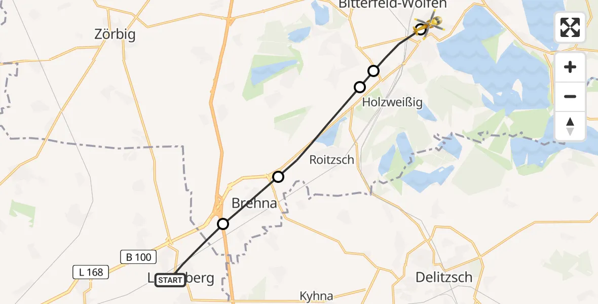 Routekaart van de vlucht: Rettungshubschrauber nach Bitterfield-Wolfen Health Center Hubschrauberlandeplatz