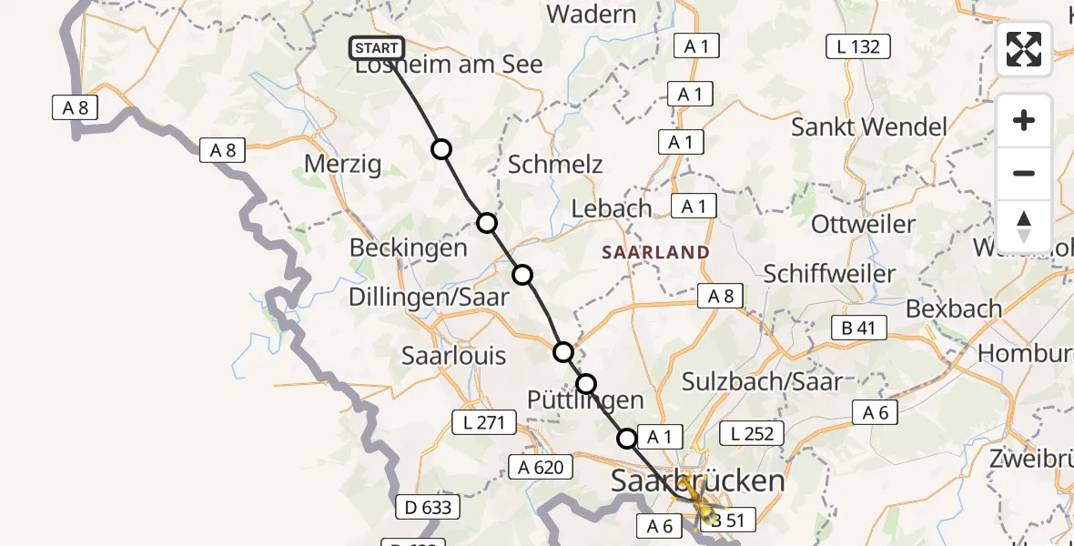 Flugroute Rettungshubschrauber Losheim am See - Saarbrücken, 22 März 2026, 12:05