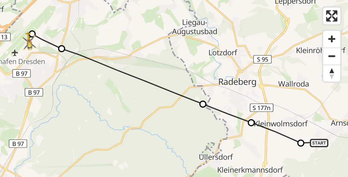 Routekaart van de vlucht: Rettungshubschrauber nach Dresden Bundespolizei Hubschrauberlandeplatz