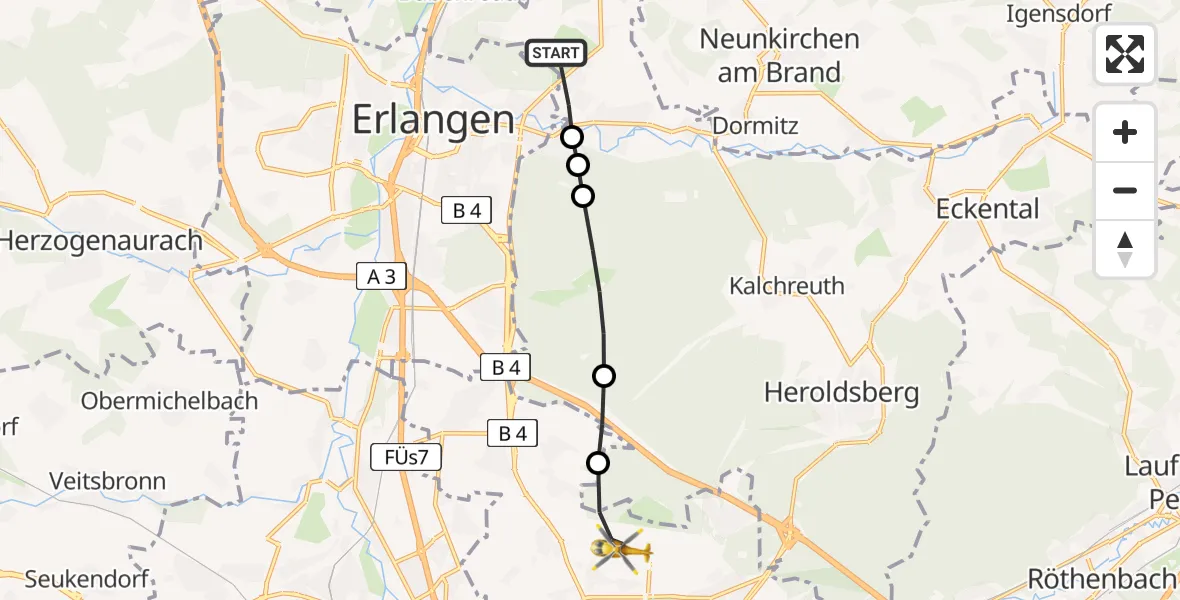 Routekaart van de vlucht: Rettungshubschrauber nach Flughafen Nuremberg