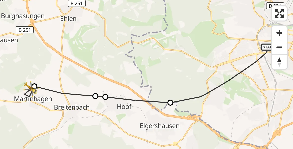 Flugroute Rettungshubschrauber Kassel - Martinhagen, 22 März 2026, 12:15