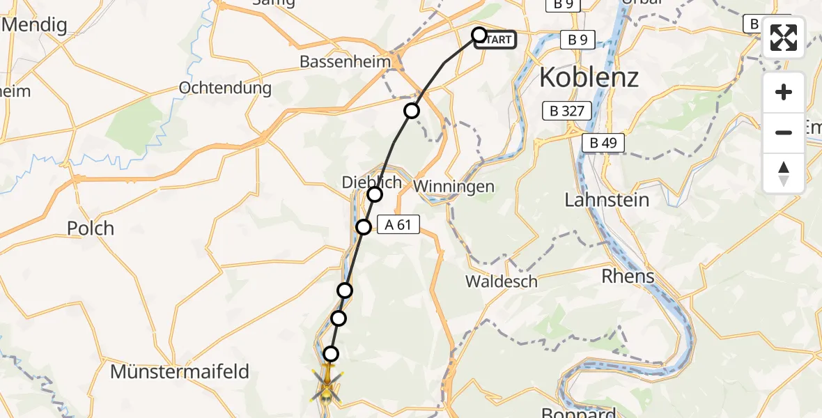 Flugroute Rettungshubschrauber Koblenz - Alken, 22 März 2026, 12:17