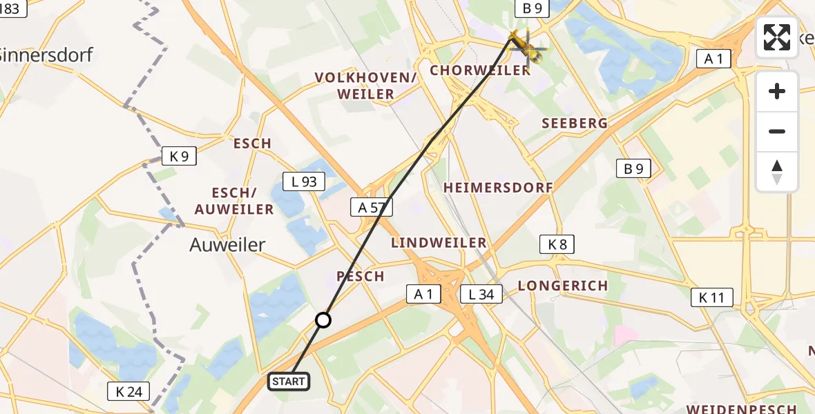 Flugroute Rettungshubschrauber Ehrenfeld - Chorweiler, 22 März 2026, 12:17