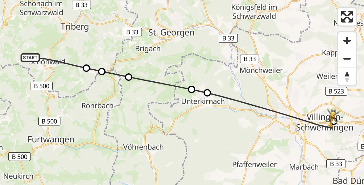 Routekaart van de vlucht: Rettungshubschrauber nach DRF Air Rescue Station Villingen-Schwenningen Hubschrauberlandeplatz (Christoph 11)