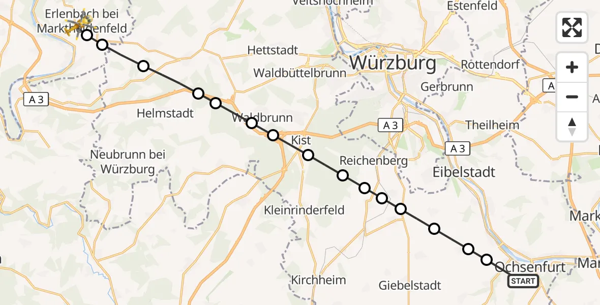 Flugroute Rettungshubschrauber Hohestadt - Erlenbach bei Marktheidenfeld, 22 März 2026, 12:19