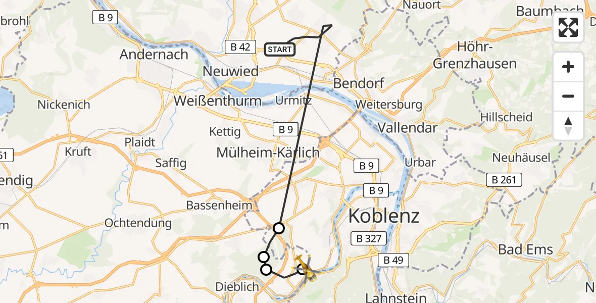 Flugroute Ambulanzhubschrauber Neuwied - Koblenz-Winningen Flugplatz, 22 März 2026, 12:27