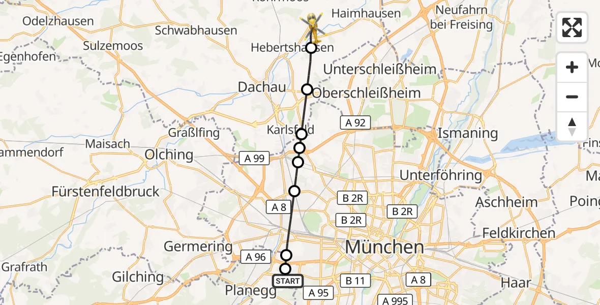 Flugroute Rettungshubschrauber DRF Air Rescue München Hubschrauberlandeplatz - Ampermoching, 22 März 2026, 12:31