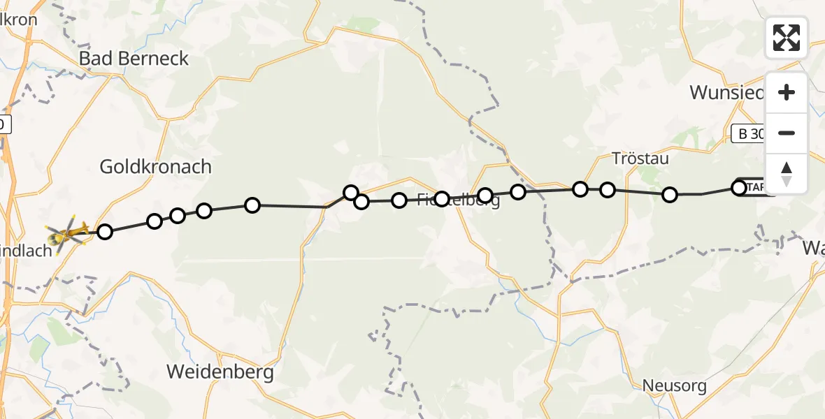 Flugroute Rettungshubschrauber Kleinwendern - Bayreuth Flughafen, 22 März 2026, 12:35