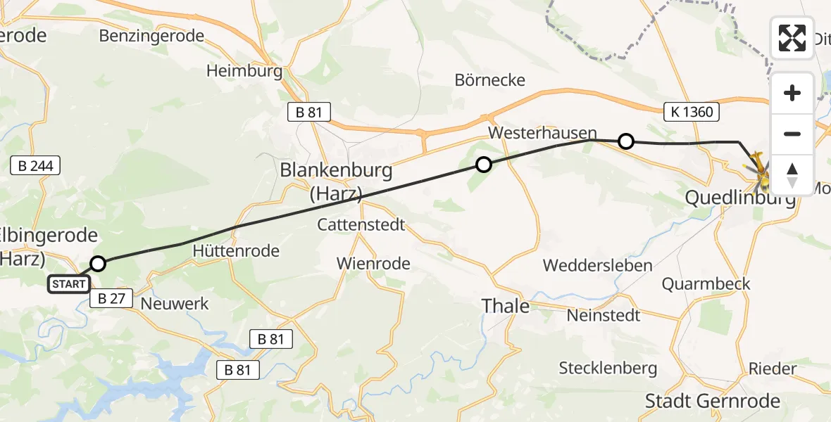 Flugroute Rettungshubschrauber Elbingerode - Harz Hospital Quedlinburg, 22 März 2026, 12:42