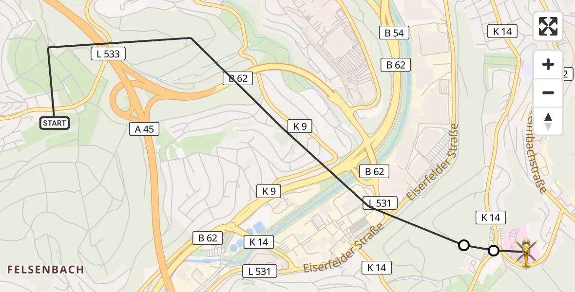 Flugroute Rettungshubschrauber Siegen - Evangelisches Jung-Stilling Hospital, 22 März 2026, 12:44
