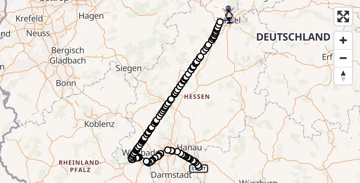 Flugroute Polizeihubschrauber Flugplatz Aschaffenburg - Fuldatal Bundespolizei Hubschrauberlandeplatz, 22 März 2026, 12:47