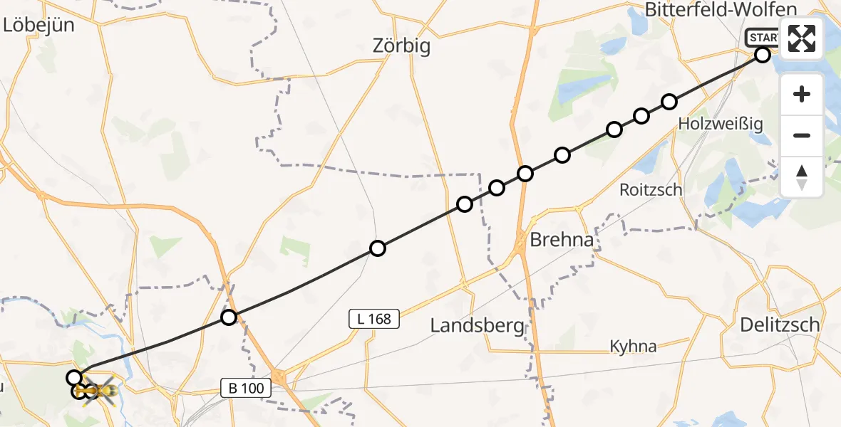 Flugroute Rettungshubschrauber Bitterfield-Wolfen Health Center Hubschrauberlandeplatz - Halle (Saale) University Hospital, 22 März 2026, 12:47