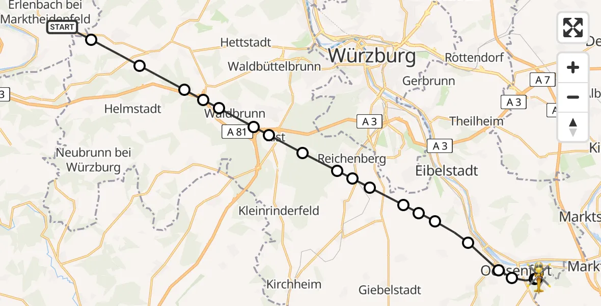 Flugroute Rettungshubschrauber Tiefenthal - Ochsenfurt Hospital, 22 März 2026, 12:48
