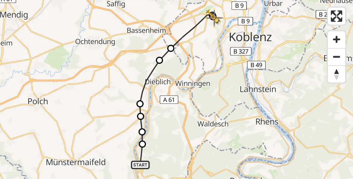 Routekaart van de vlucht: Rettungshubschrauber nach Koblenz, Rübenacher Straße