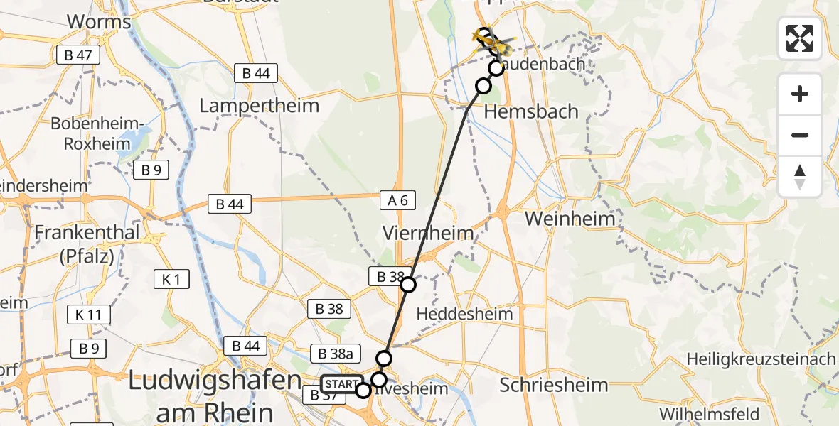 Routekaart van de vlucht: Rettungshubschrauber nach Segelflugplatz Heppenheim